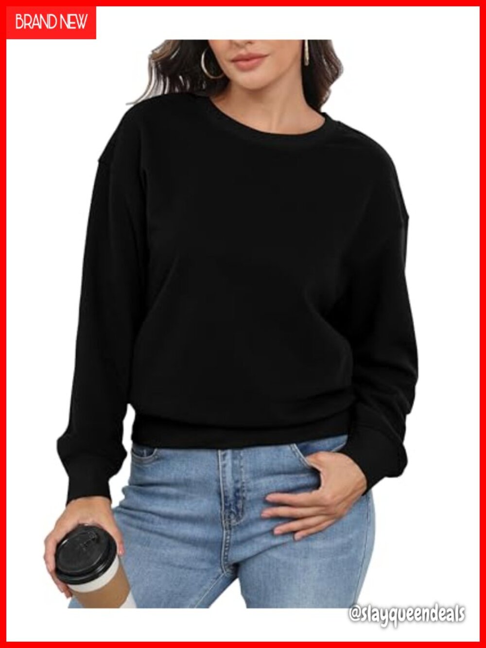 PRIMODA Loose Relaxed Fit Cropped Crewneck Sweatshirt Cotton Polyester Pullover